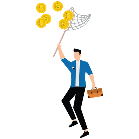 Businessman jump to catch golden money coin with butterfly net  Illustration