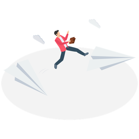 Businessman jump to escape from paper plane  Illustration