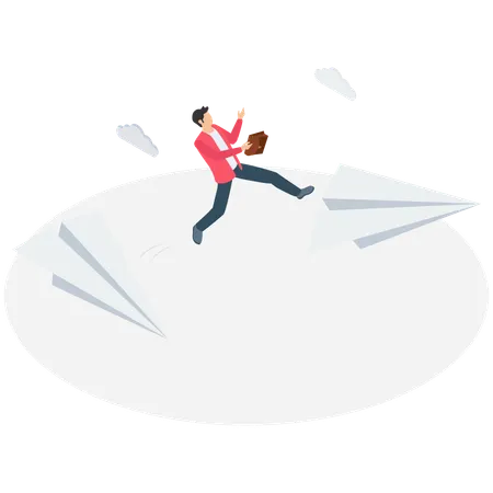 Businessman jump to escape from paper plane  Illustration