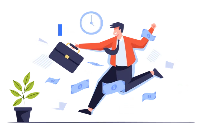 Businessman jumping among the money and paperwork  Illustration