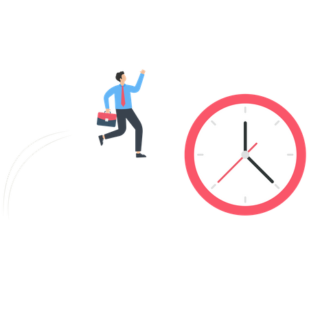 Businessman jumping chasing a clock that jumps ahead  Illustration