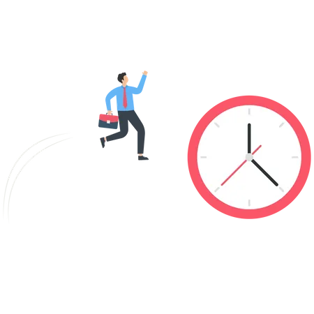 Businessman jumping chasing a clock that jumps ahead  Illustration