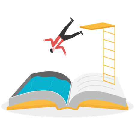Businessman jumping down in book for learning new skill  Illustration