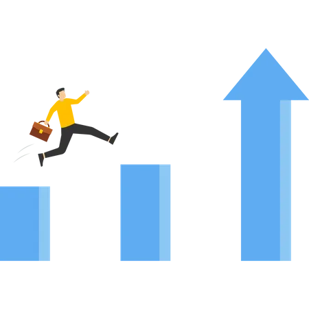 Confident Businessman Jumping Up Bar Graph With Up Arrow As Ladder Of Success Economic Prosperity Business Profit Growth Or Career Path And Income Increase Concept Illustration