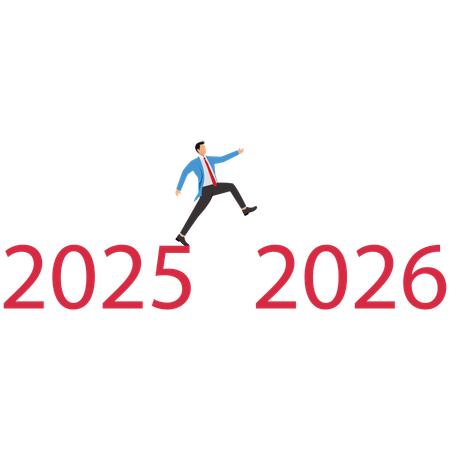 Businessman jumping from 2025 objectives to 2026 goals  Illustration