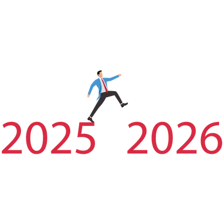 Businessman jumping from 2025 objectives to 2026 goals  Illustration