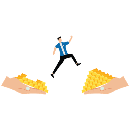 Businessman jumping from a big hand with less gold to another big hand with more gold  Illustration