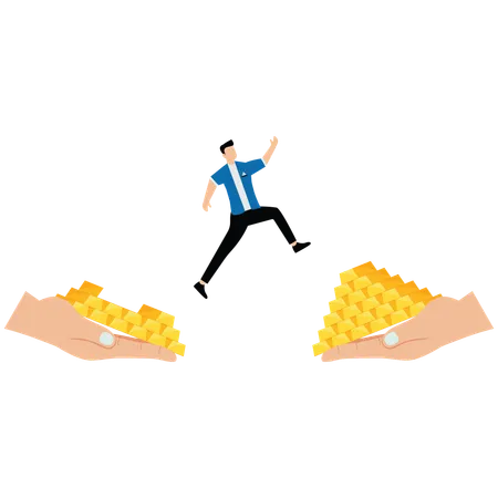 Businessman jumping from a big hand with less gold to another big hand with more gold  Illustration