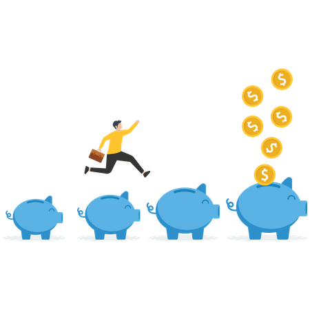 Businessman jumping from a small piggy bank to bigger profit to achieving a financial goal  Illustration