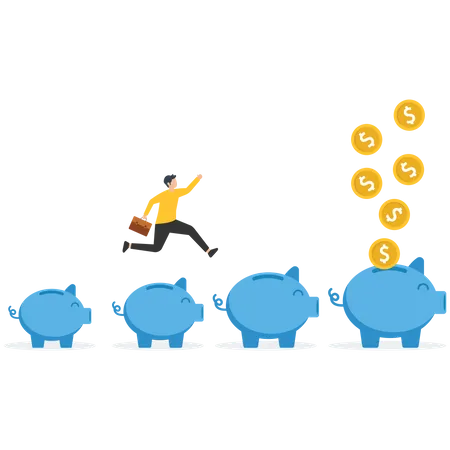 Businessman jumping from a small piggy bank to bigger profit to achieving a financial goal  Illustration
