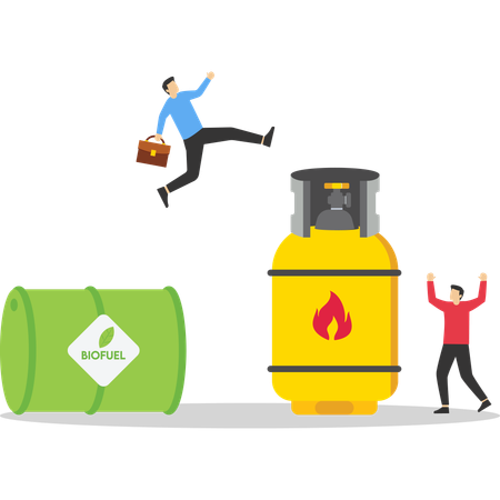 Businessman jumping from biofule to gas cylinder  Illustration