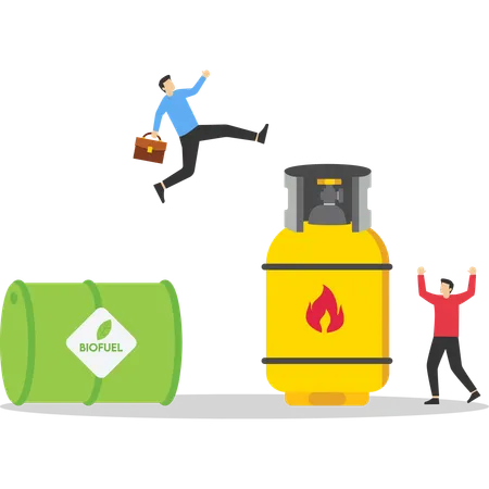 Businessman jumping from biofule to gas cylinder  Illustration