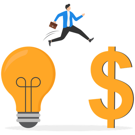 Businessman jumping from bulb to dollar sign fro idea to make money  Illustration