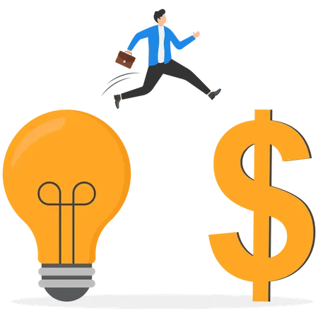Businessman jumping from bulb to dollar sign fro idea to make money  Illustration