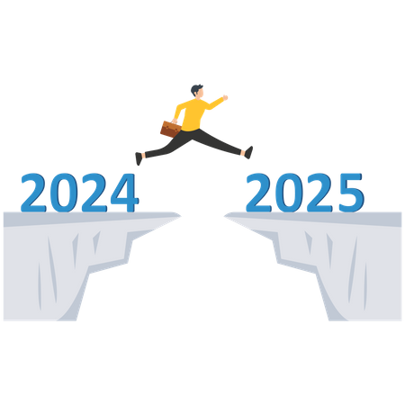 Businessman jumping from cliff 2024 in new year 2025 over abyss  Illustration