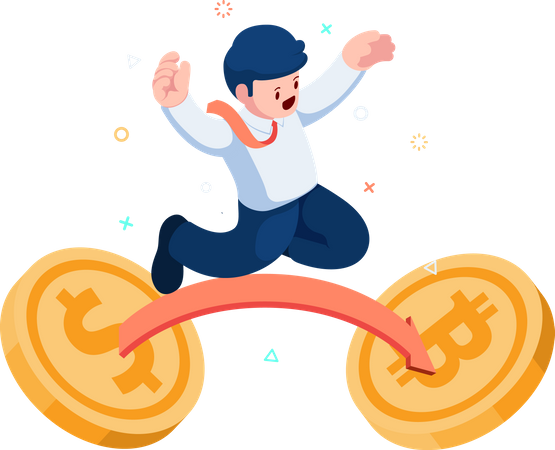 Businessman Jumping from Dollar coin to Bitcoin Illustration