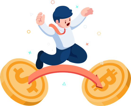 Businessman Jumping from Dollar coin to Bitcoin  Illustration