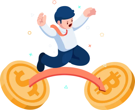 Businessman Jumping from Dollar coin to Bitcoin  Illustration