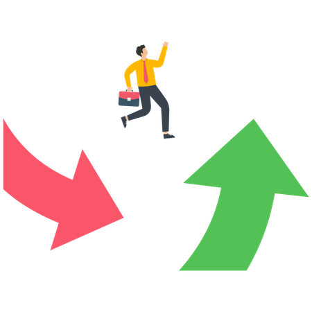 Businessman jumping from falling arrow to rising arrow  Illustration
