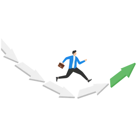 Businessman jumping from falling arrow to rising arrow  Illustration