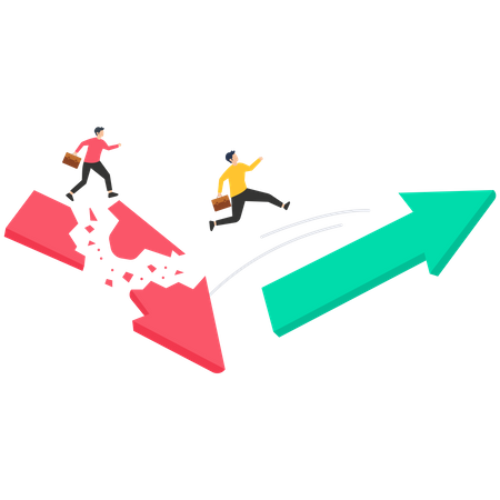 Businessman jumping from falling arrow to rising arrow  Illustration