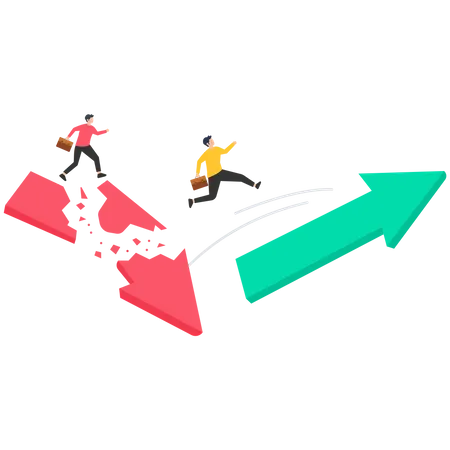 Businessman jumping from falling arrow to rising arrow  Illustration