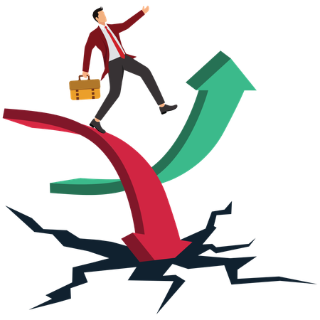 Businessman jumping from falling arrow to rising arrow  Illustration