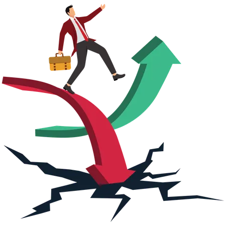 Businessman jumping from falling arrow to rising arrow  Illustration