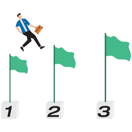 Businessman jumping from flag to flag with briefcase in hand  Illustration