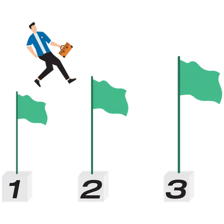 Businessman jumping from flag to flag with briefcase in hand  Illustration