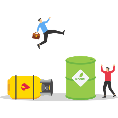 Businessman jumping from gas cylinder to biofuel  Illustration