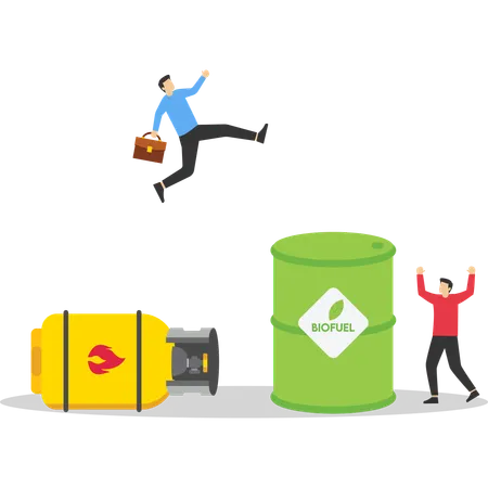 Businessman jumping from gas cylinder to biofuel  Illustration