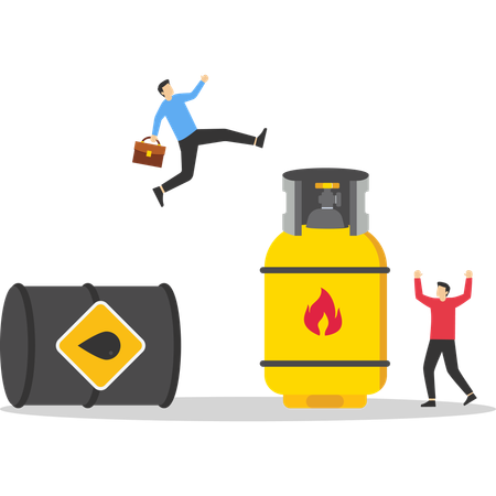 Businessman jumping from gasoline to gas cylinder  Illustration