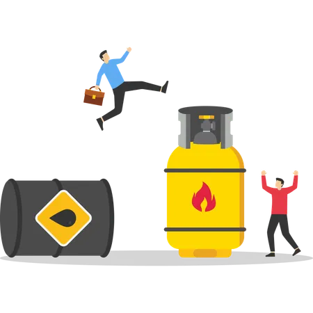 Businessman jumping from gasoline to gas cylinder  Illustration