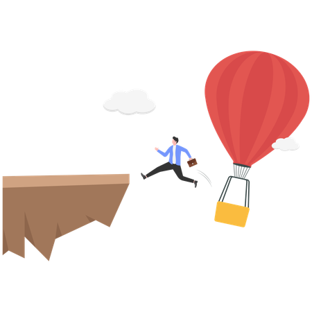 Businessman jumping from hot air ballon while analyze potential danger level  Illustration