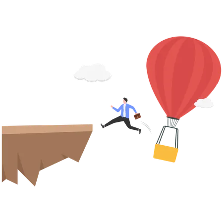 Businessman jumping from hot air ballon while analyze potential danger level  Illustration