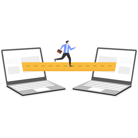 Businessman Jumping from Laptop to Digital Tablet  Illustration