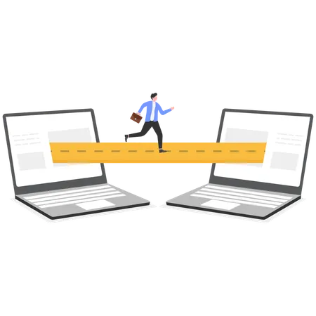 Businessman Jumping from Laptop to Digital Tablet  Illustration