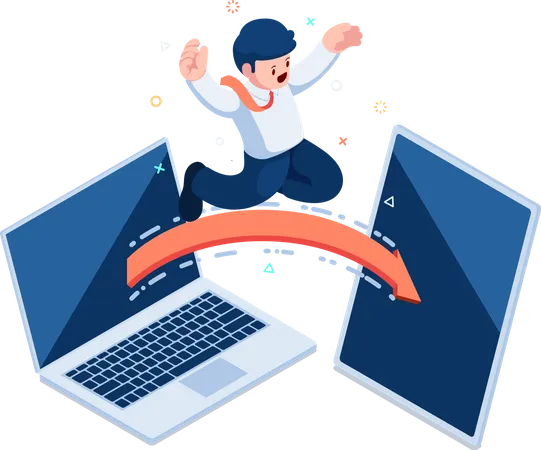 Flat 3 D Isometric Businessman Jumping From Laptop To Digital Tablet Cross Platform Software Development For Desktop And Mobile Devices イラスト