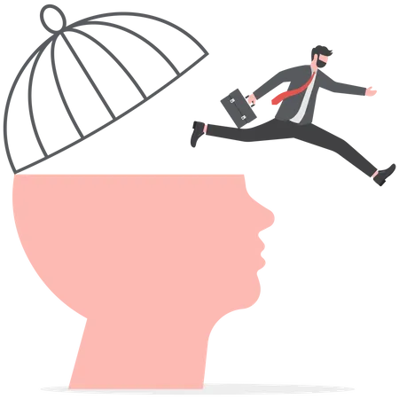 Businessman jumping from move on different fixed mindset to growth mindset on head human  Illustration