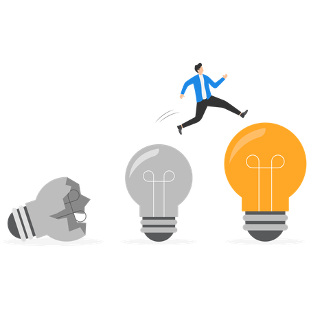 Businessman jumping from old to new shiny lightbulb idea  Illustration