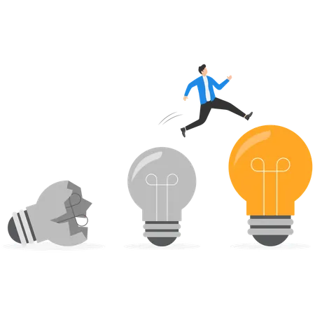 Businessman jumping from old to new shiny lightbulb idea  Illustration