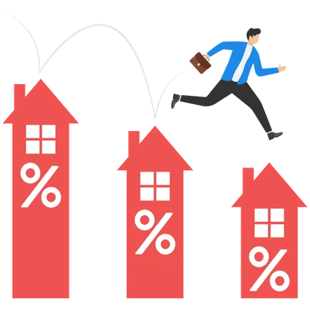Businessmen Jumping From On Smaller Interest Rate Reduced Interest Rate Real Estates Investment Construction Mortgage Modern Vector Illustration In Flat Style イラスト