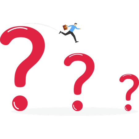 Businessman jumping from on smaller question mark.  Illustration