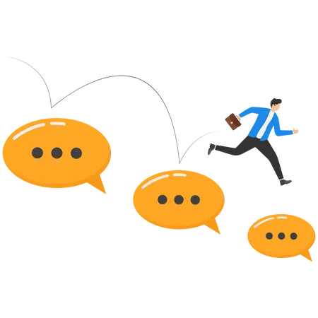 Businessman Jumping From On Smaller Speech Bubbles Reduced Discussion Conversation Meeting Team Communication Colleague Chatting Opinion Modern Vector Illustration In Flat Style Illustration