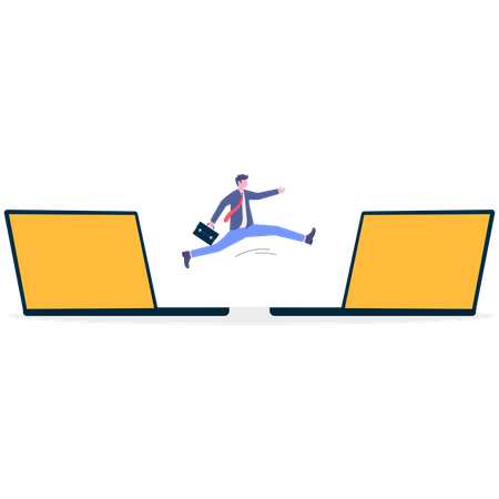 Businessman jumping from one laptop to other laptop  Illustration