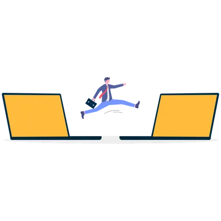 Businessman jumping from one laptop to other laptop  Illustration