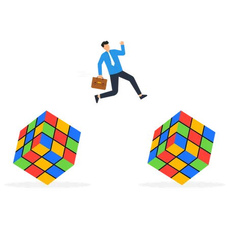 Businessman jumping from one rubik cube to another rubik cube  Illustration