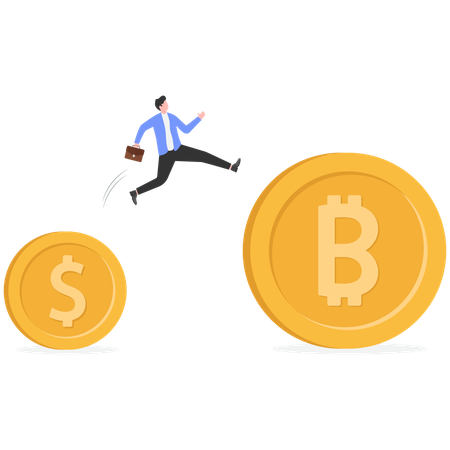 Businessman jumping from small dollar to large bitcoin  Illustration