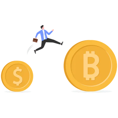 Businessman jumping from small dollar to large bitcoin  Illustration